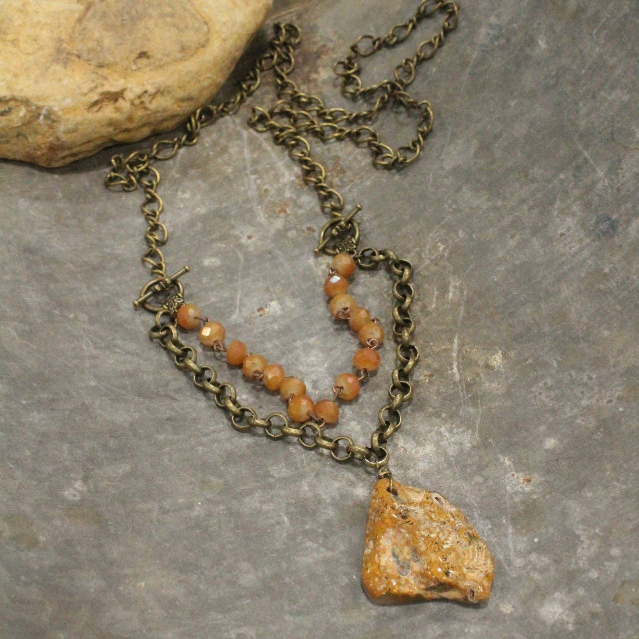 Raw Stone Pendant  Butterscotch Layered  Necklace