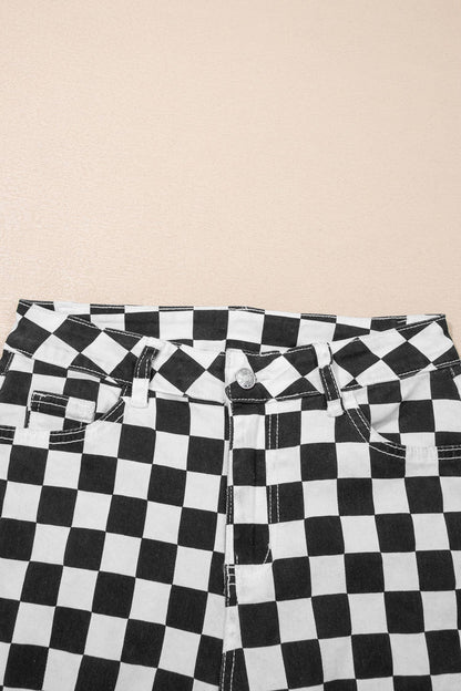 Checkerboard Print Distressed Holes Raw Edge Cropped Jeans