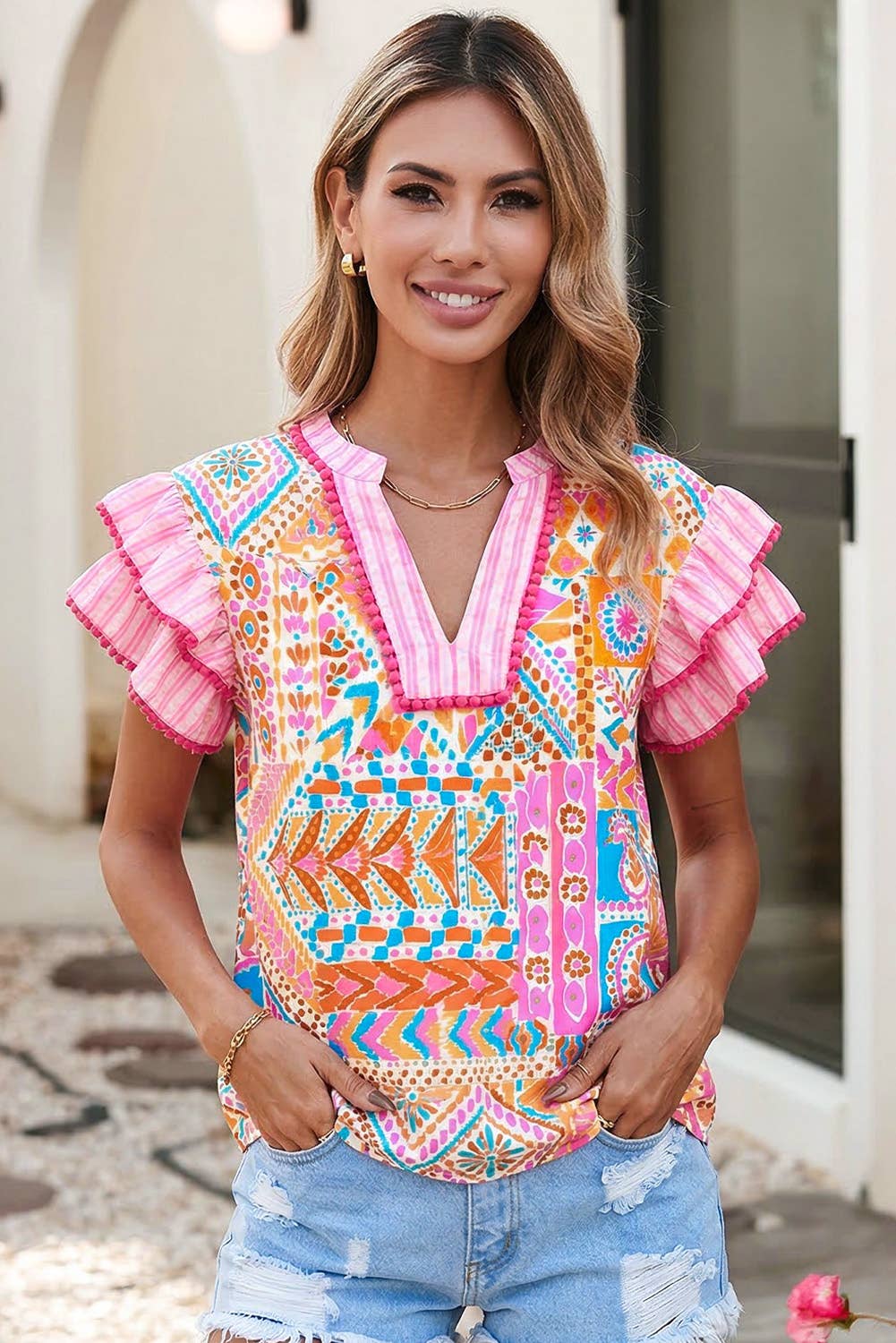 Boho Contrast Trim Striped Patchwork Tiered Blouse|S-4X