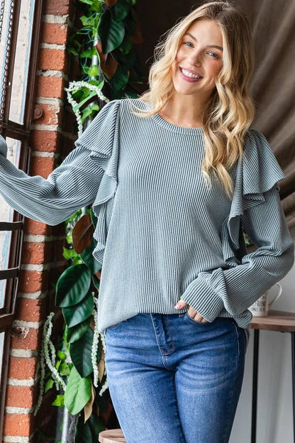 LONG RUFFLED SLEEVE SOLID RIBBED TOP