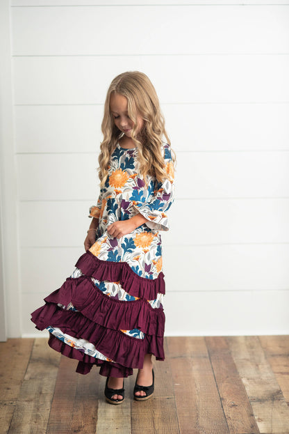 Kids Mustard & Plum Long Sleeve Fall Winter Ruffles Dress