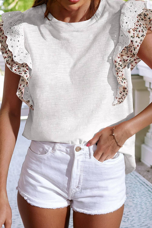 Floral Lace Eyelet Patched Butterfly Sleeve Blouse