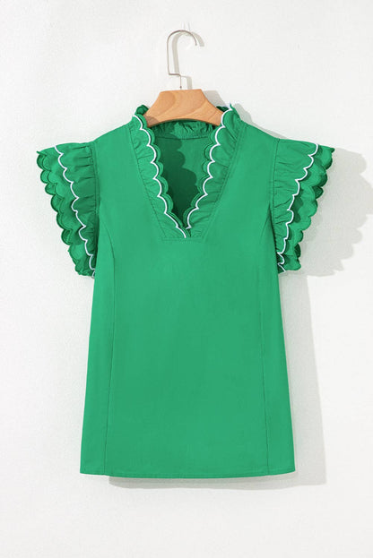 Scallop Trim Short Sleeve Summer Blouse