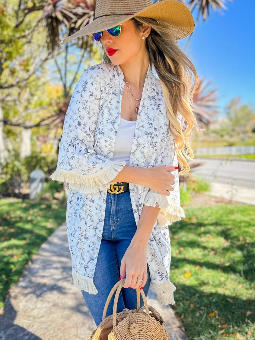 Ivory Boho Floral Printed Kimono with Fringe Trim