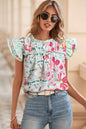 Floral Print Contrast Ruffle Trim Short Sleeve Blouse
