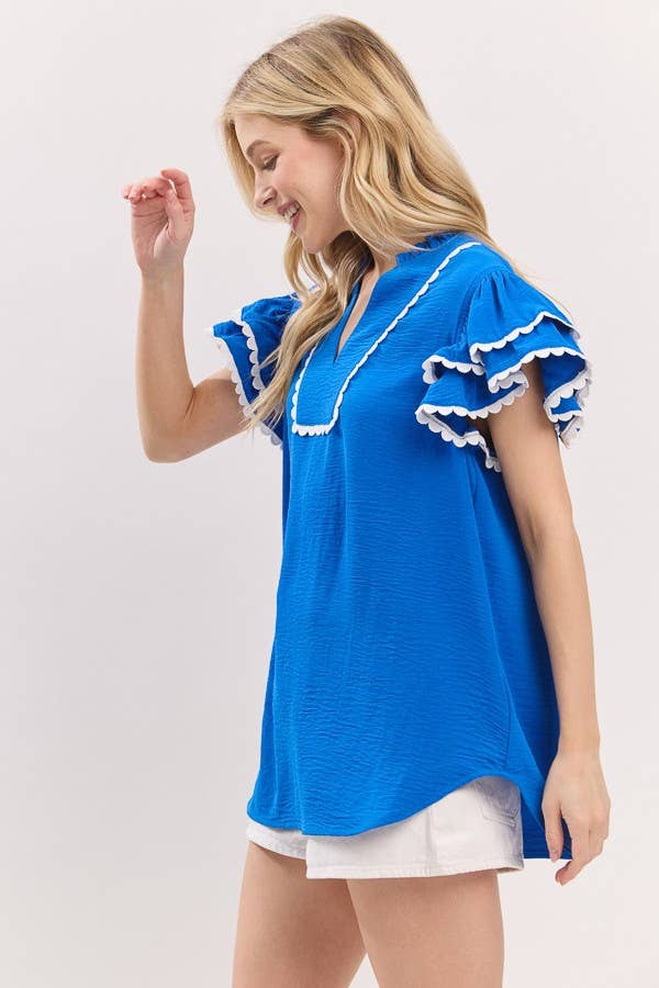 Ruffle Sleeve Scallop Trim Top