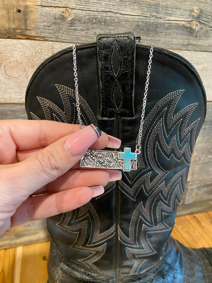 Turquoise Cross Tooled Bar Silver Necklace