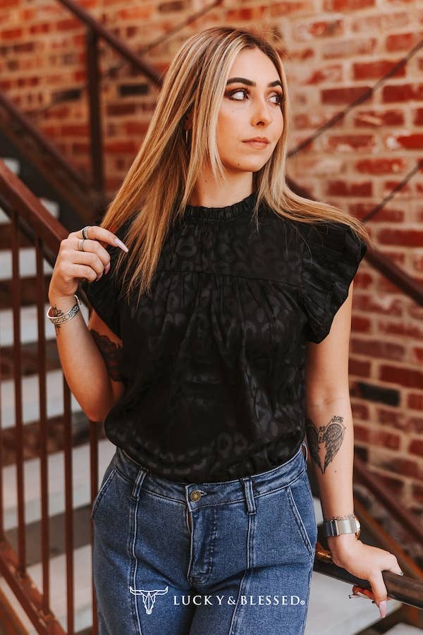 Plus Size Black Leopard Satin Pleated Ruffle Sleeveless Top
