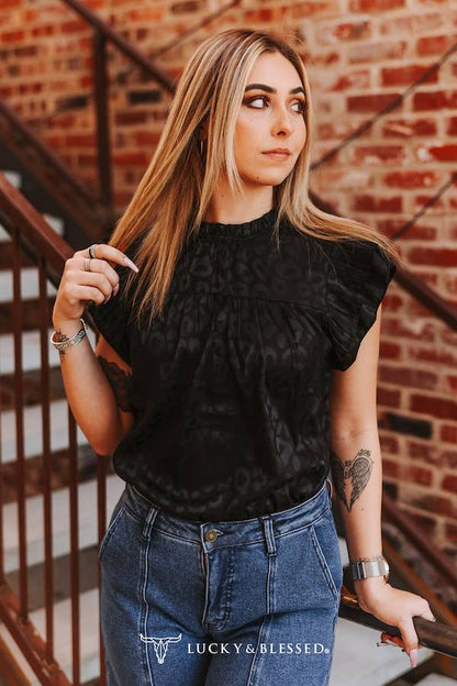 Plus Size Black Leopard Satin Pleated Ruffle Sleeveless Top
