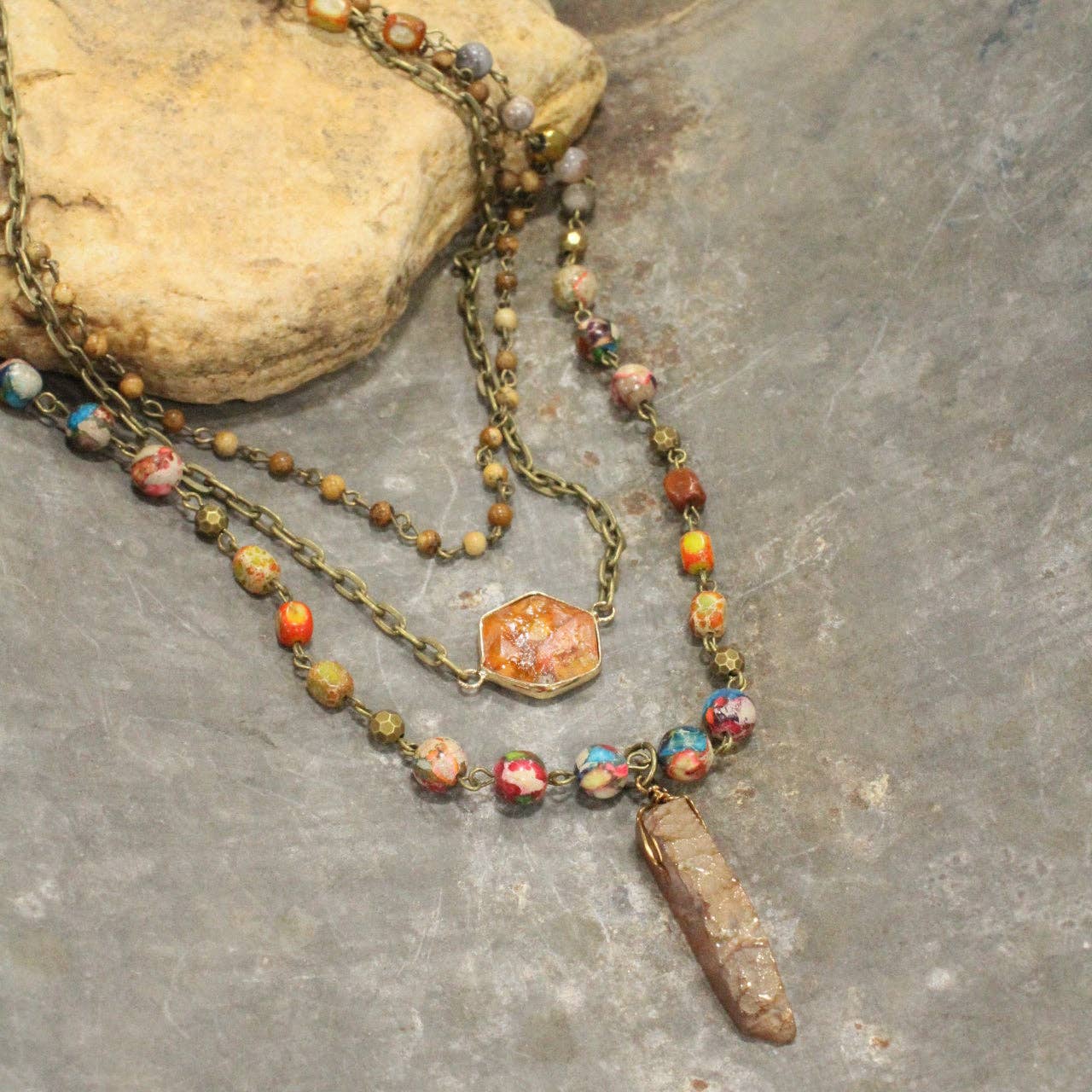 Bohemian Layered Rusty Orange Stone & Crystal Necklace