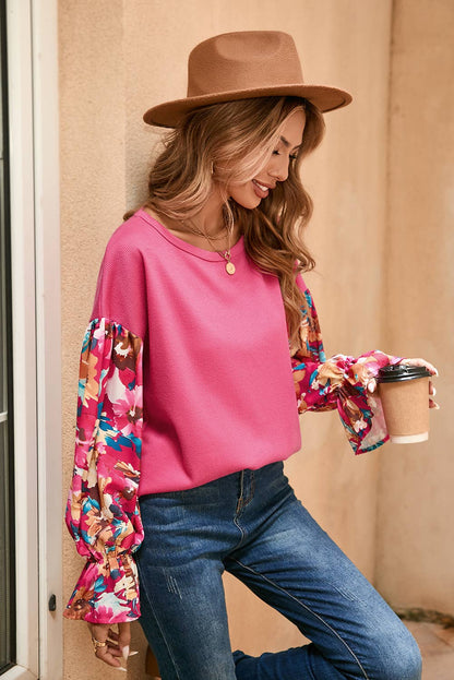 Pink Flower Patchwork Ribbed Knit Drop Shoulder Blouse