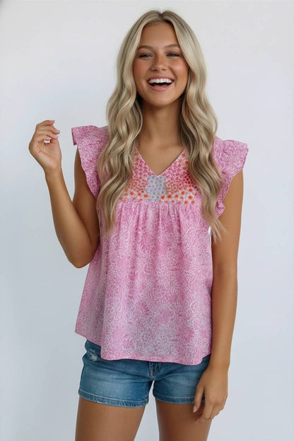V NECK YOKE EMBROIDERY FLORAL PRINT BLOUSE
