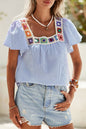 Stripe Textured Ruffle Short Sleeve Boho Detail Blouse