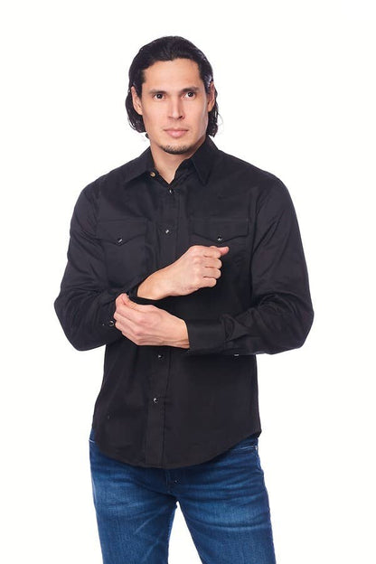 Men's Western Solid Twill Long Sleeves Snap Button Shirt