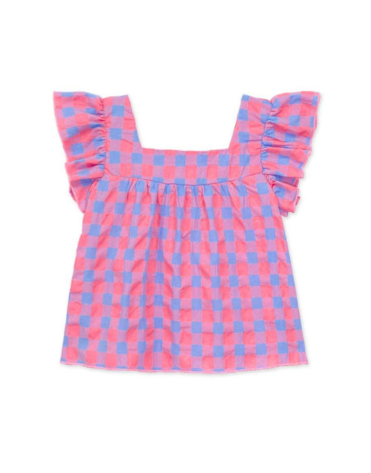 Girl's Checker Fashion Top w/ Square Neckline Ruffle Sleeve