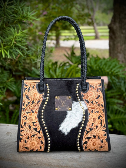 Upcycled Cowhide Tooled Leather Crossbody Shoulder Bag LV 