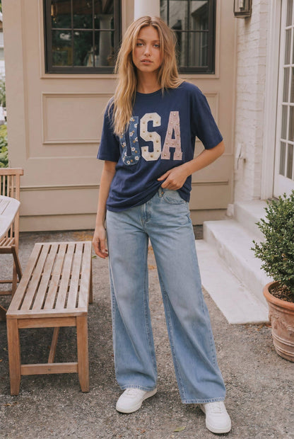 Mixed-Media Studded USA Graphic Tee