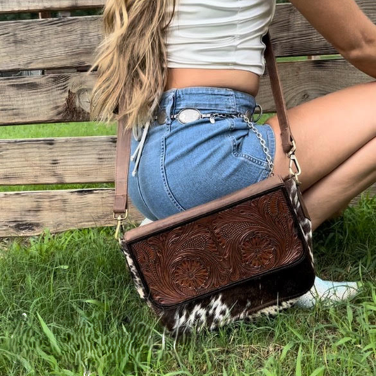 Tooled Leather Womens Purse Crossbody with Cowhide