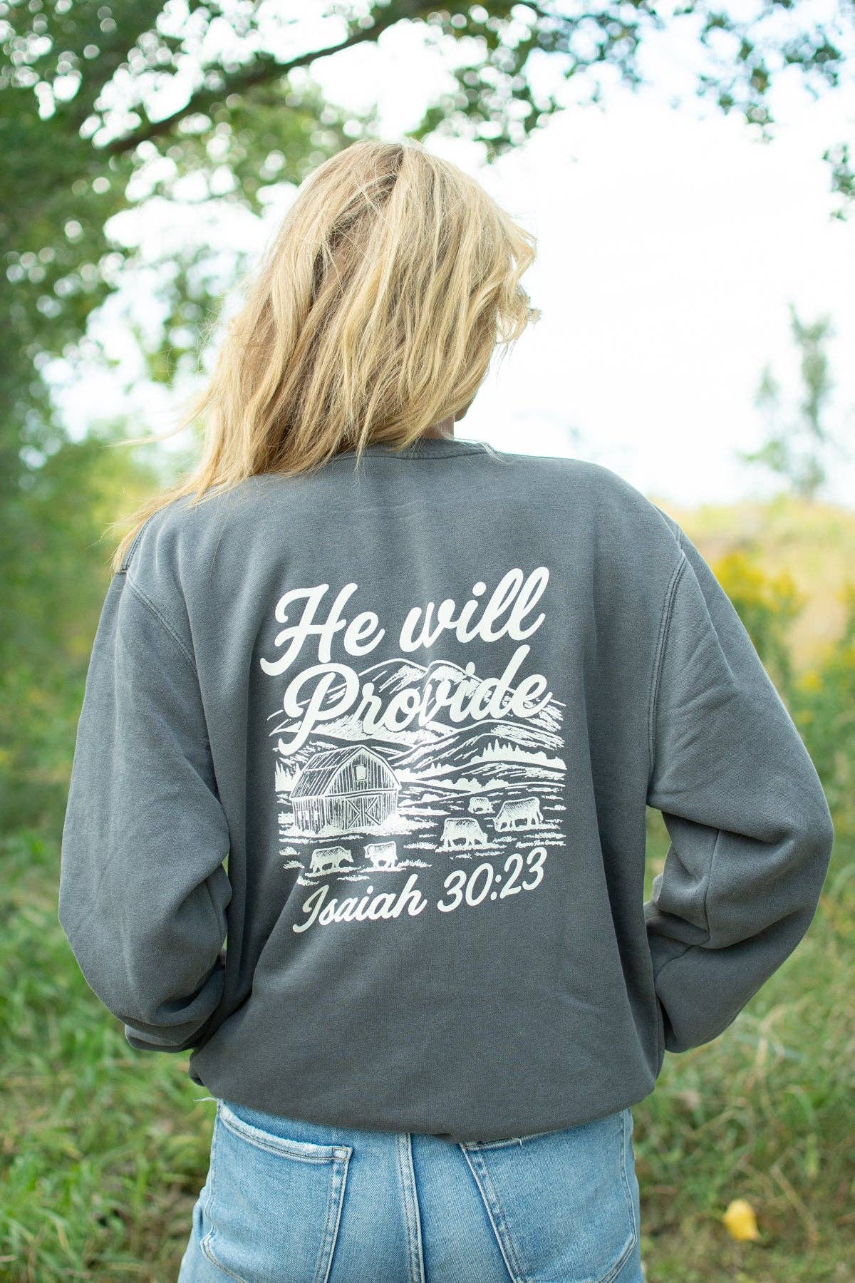 Western 'He Will Provide' Isaiah 30:23 Charcoal Crewneck