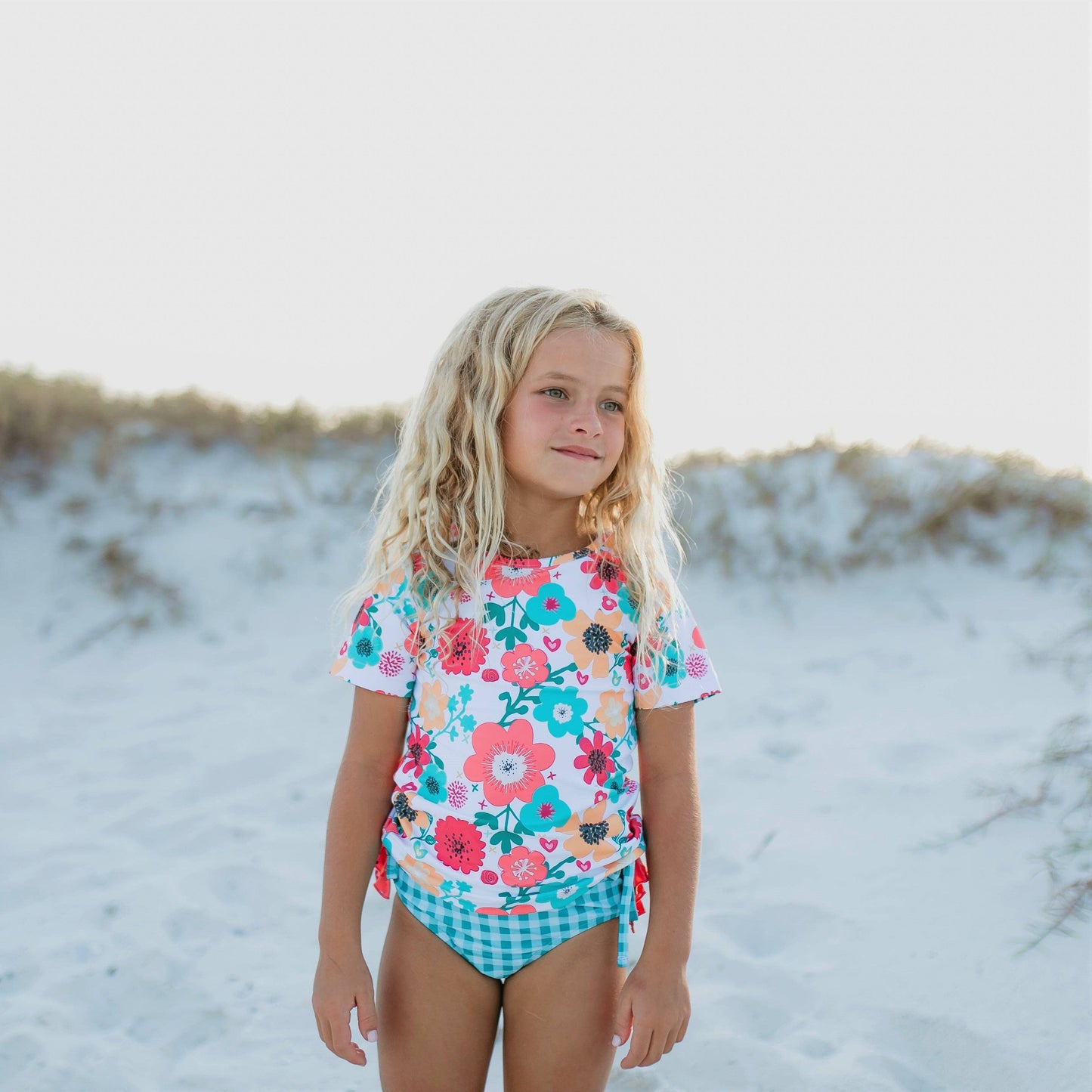 Girls Teal Gingham & Floral Rash Guard Ruffle Swimsuit