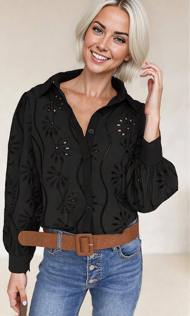 Embroidered Eyelet Long Sleeve Button-Up