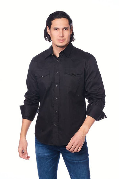 Men's Western Solid Twill Long Sleeves Snap Button Shirt