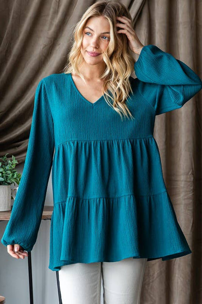 LONG PUFF SLEEVE V NECK SOLID TIERED TOP