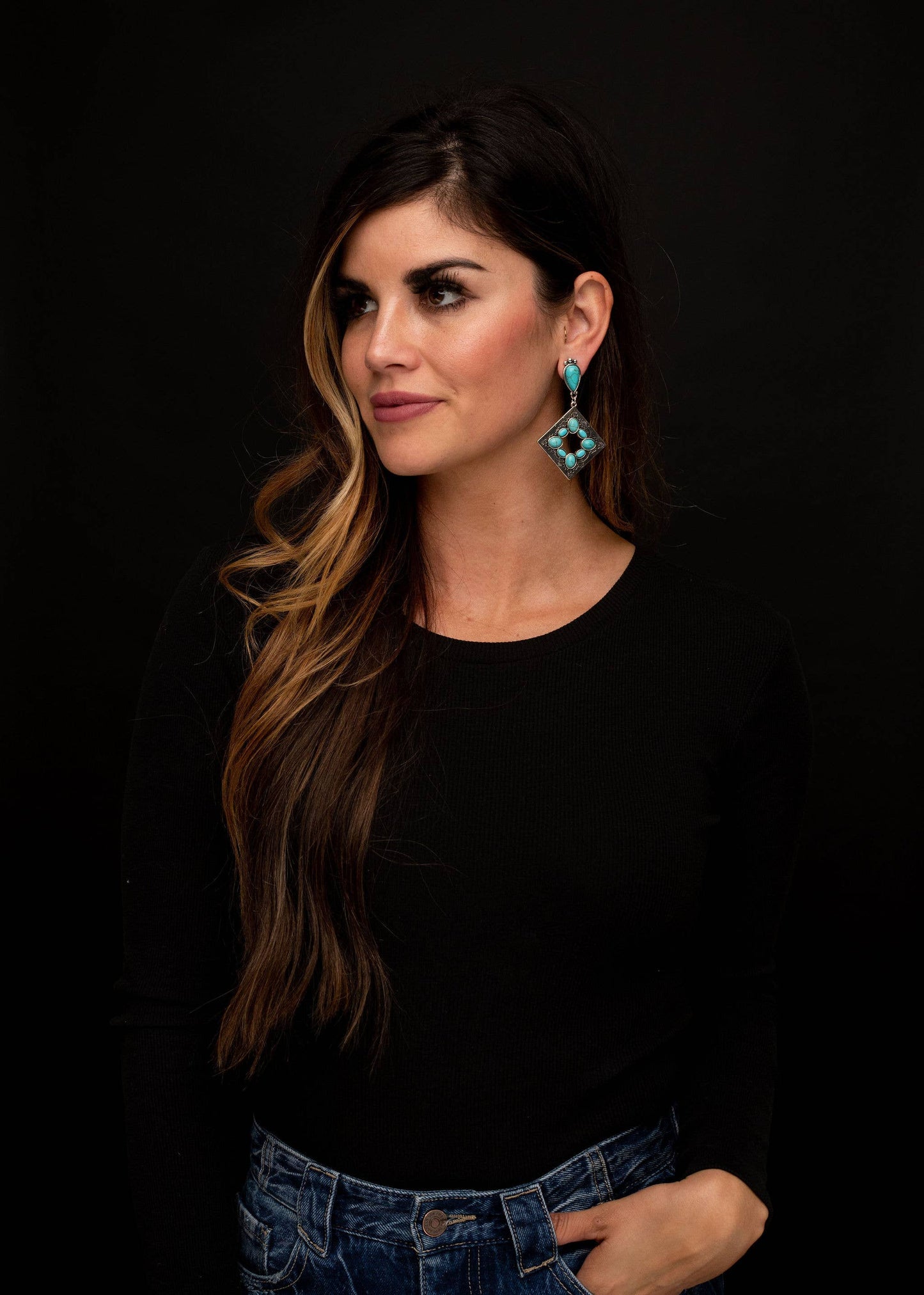 Burnished Silver Diamond Shaped Post Earring w/ Turq