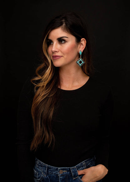 Burnished Silver Diamond Shaped Post Earring w/ Turq