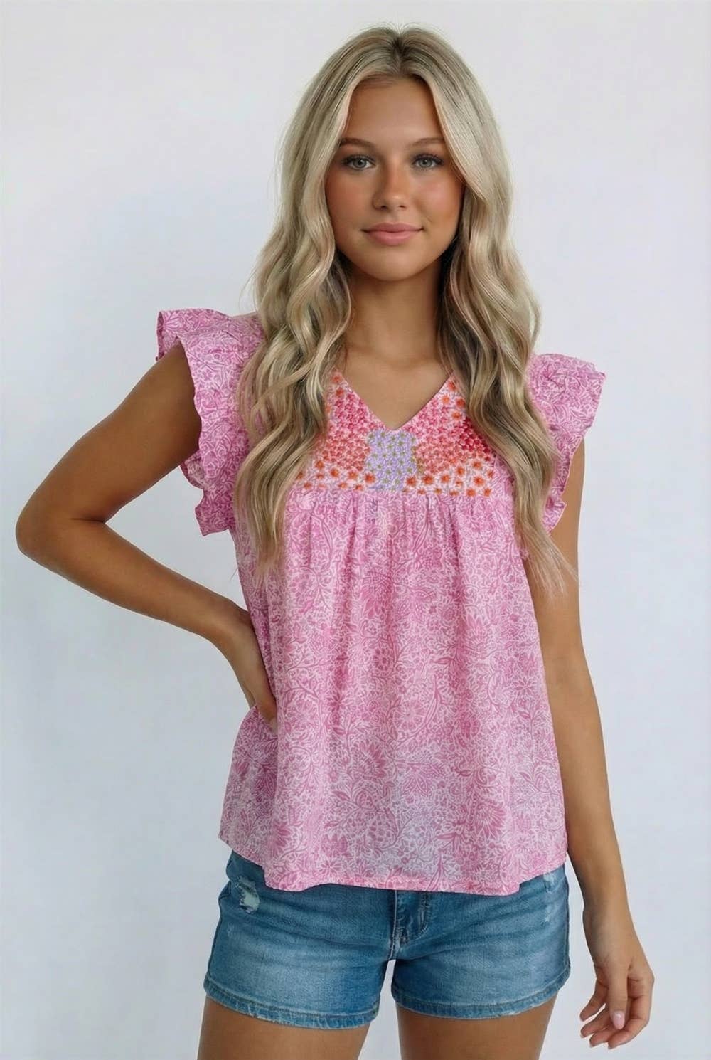 V NECK YOKE EMBROIDERY FLORAL PRINT BLOUSE