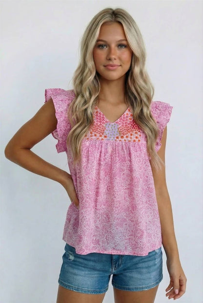 V NECK YOKE EMBROIDERY FLORAL PRINT BLOUSE