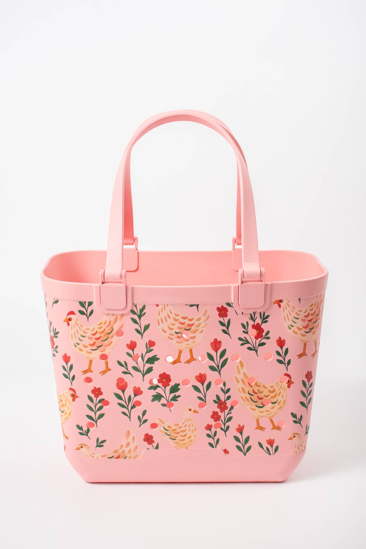 Pink Chickens & Blooms Rubber Beach Tote Bag -  Large