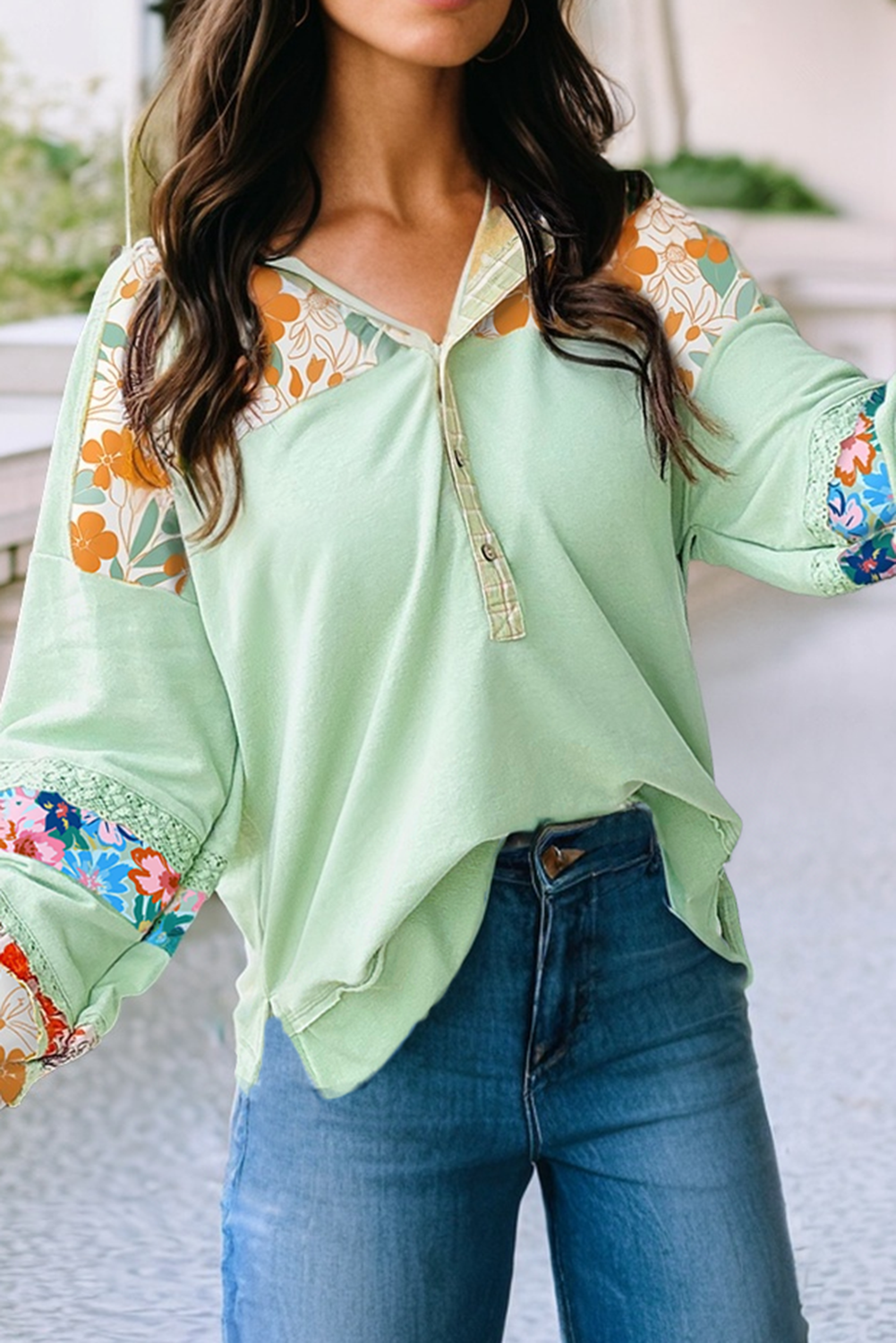 Lace Floral Patchwork Half Button Hooded Pullover