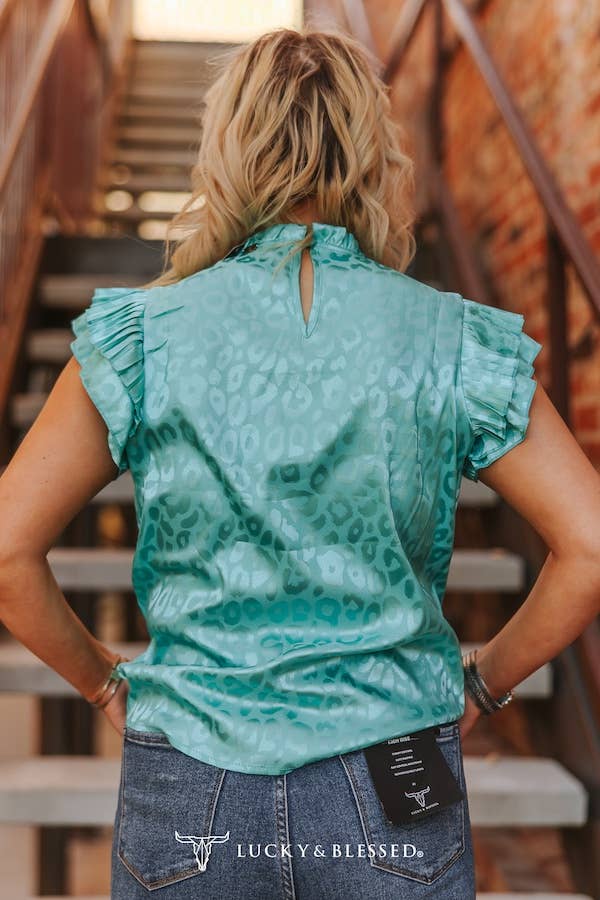 Plus Size Turquoise Leopard Satin Pleated Ruffle Top