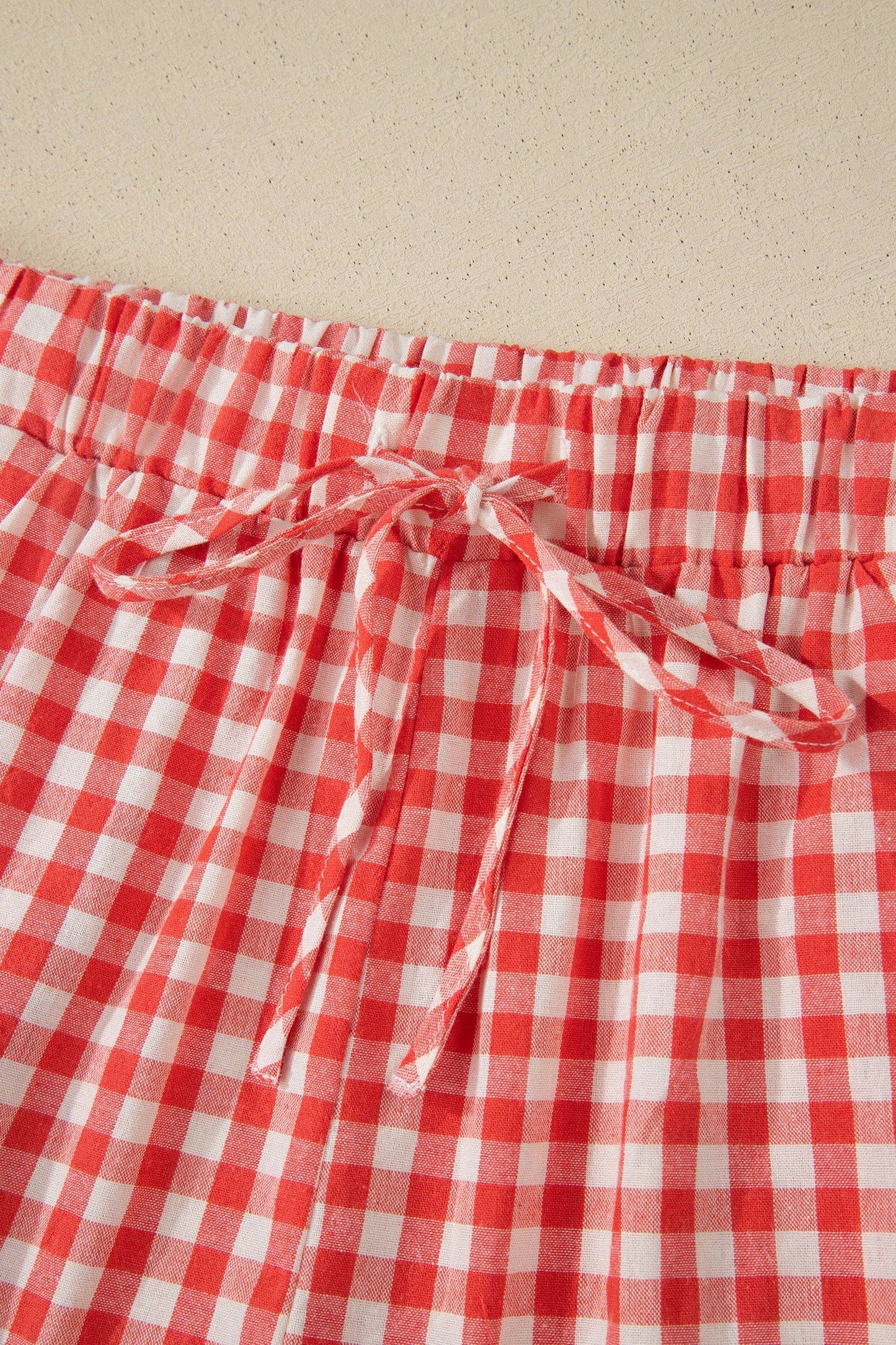 Red Gingham Plaid Tie Elastic Waist Lace Patchwork Hem Casual Shorts