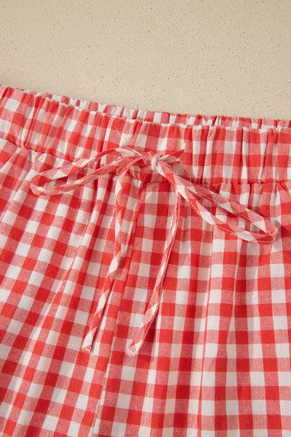 Red Gingham Plaid Tie Elastic Waist Lace Patchwork Hem Casual Shorts