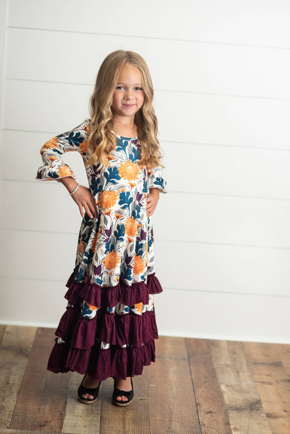 Kids Mustard & Plum Long Sleeve Fall Winter Ruffles Dress