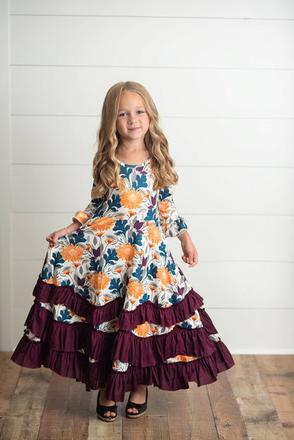 Kids Mustard & Plum Long Sleeve Fall Winter Ruffles Dress