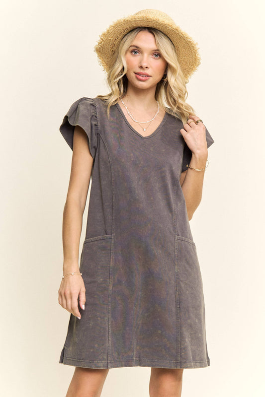 RUFFLE SLEEVES MINERAL SHIFT DRESS- LED3687WN