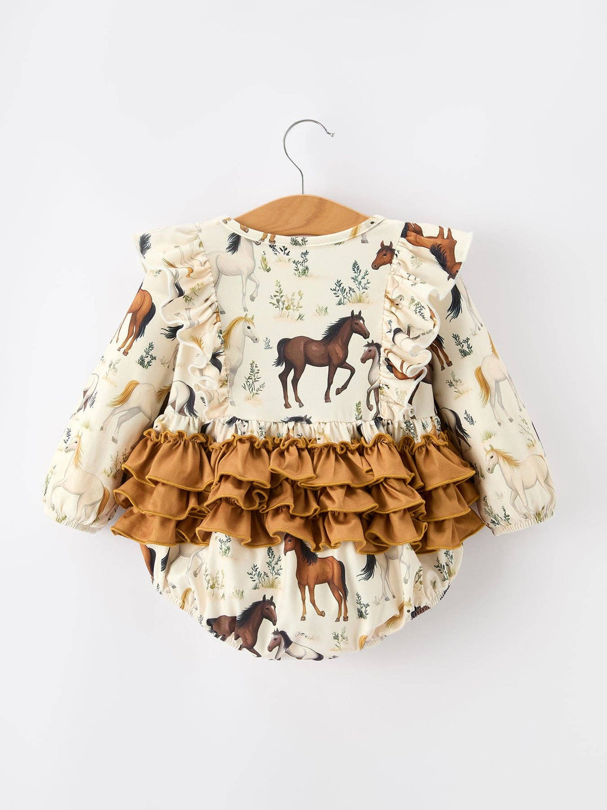 Western Horse Girls Romper Bow Ruffle Long Sleeve