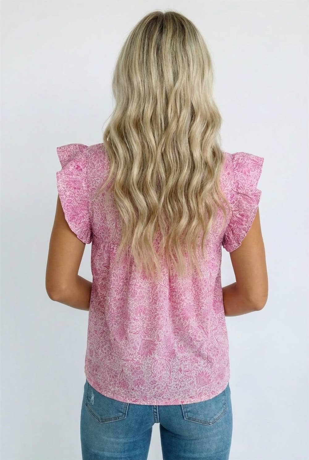 V NECK YOKE EMBROIDERY FLORAL PRINT BLOUSE