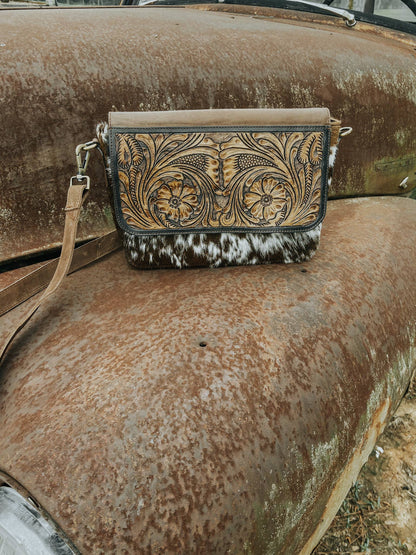 Tooled Leather Womens Purse Crossbody with Cowhide