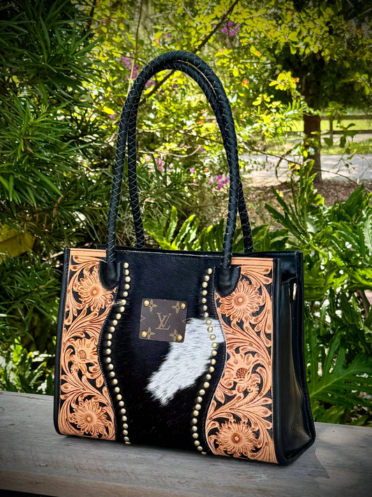 Upcycled Cowhide Tooled Leather Crossbody Shoulder Bag LV 