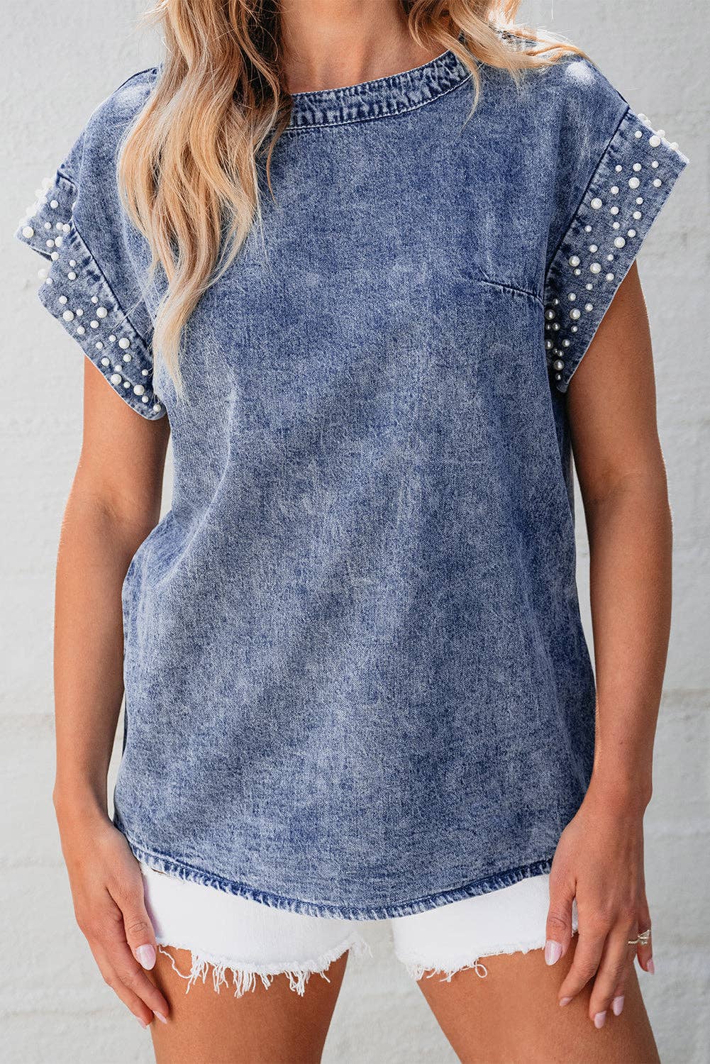 014 Kelly Acid Wash Pearl Embellishments Denim Top