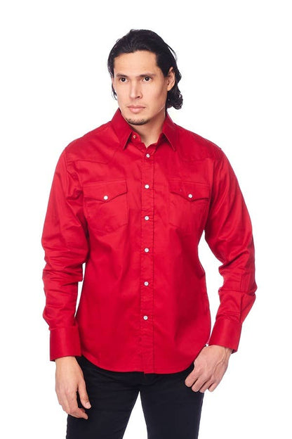 Men's Western Solid Twill Long Sleeves Snap Button Shirt