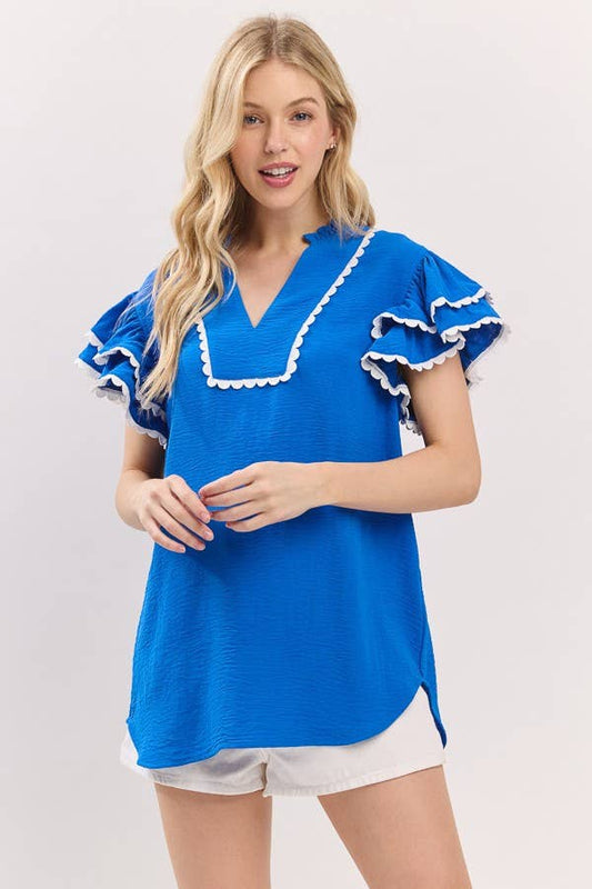 Ruffle Sleeve Scallop Trim Top