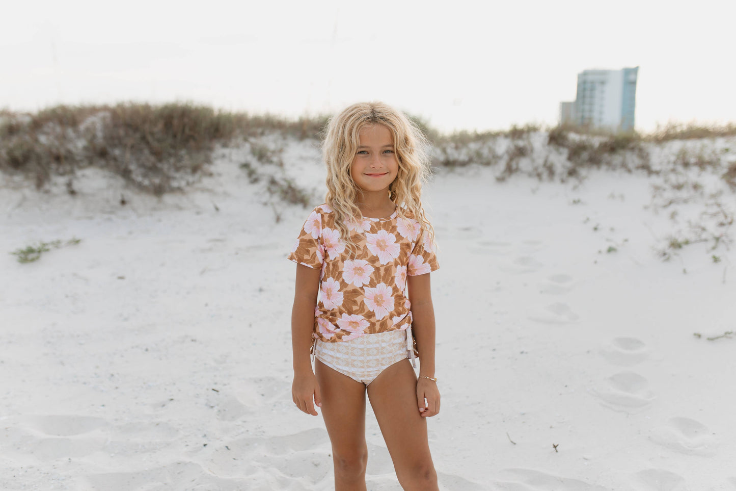 Girls Pink & Tan Tropical Flower Rash Guard Ruffle Swimsuit