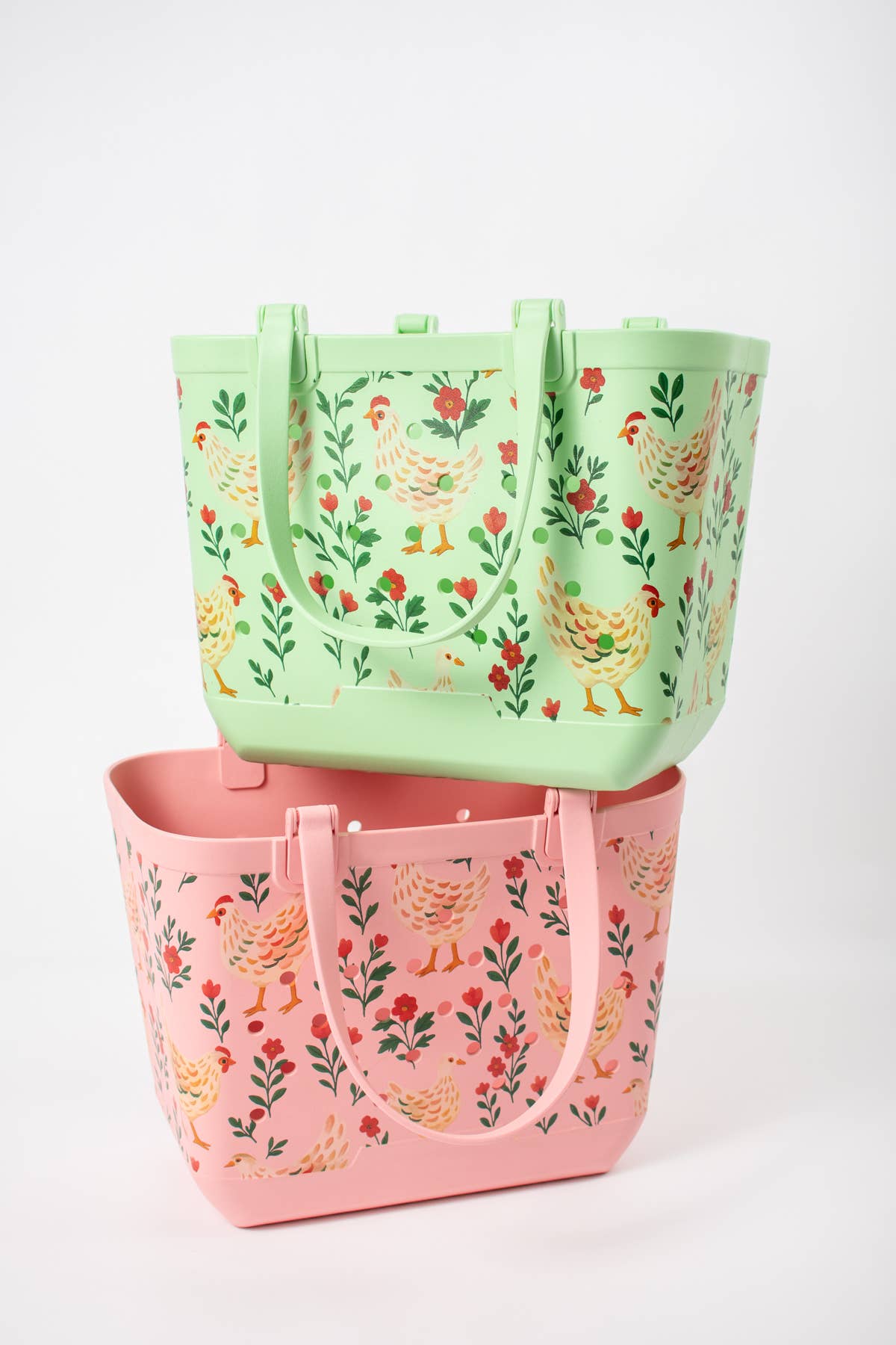 Pink Chickens & Blooms Rubber Beach Tote Bag -  Large