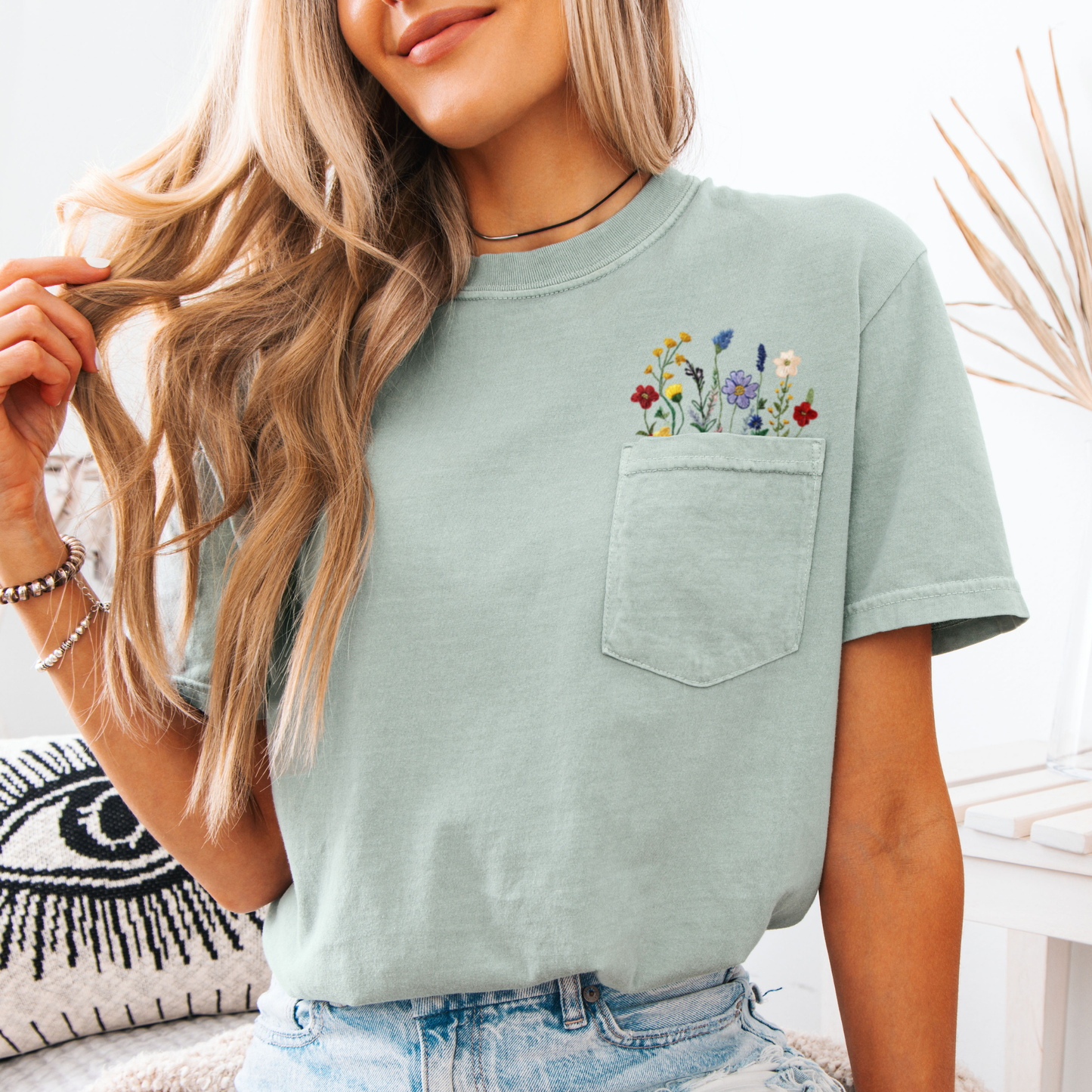 Wildflowers Faux Embroidered Comfort Colors Pocket T Shirt