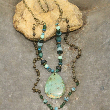 Czech Turquoise Picasso Flower Bead Necklace